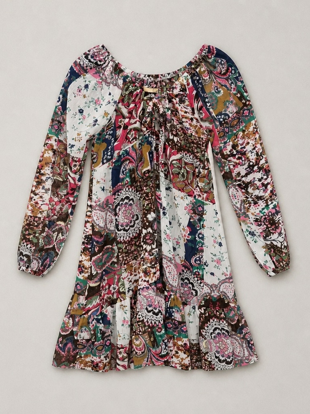 Elan Multicolor Paisley Patchwork Midi Dress — Pink, Green, Navy, Brown